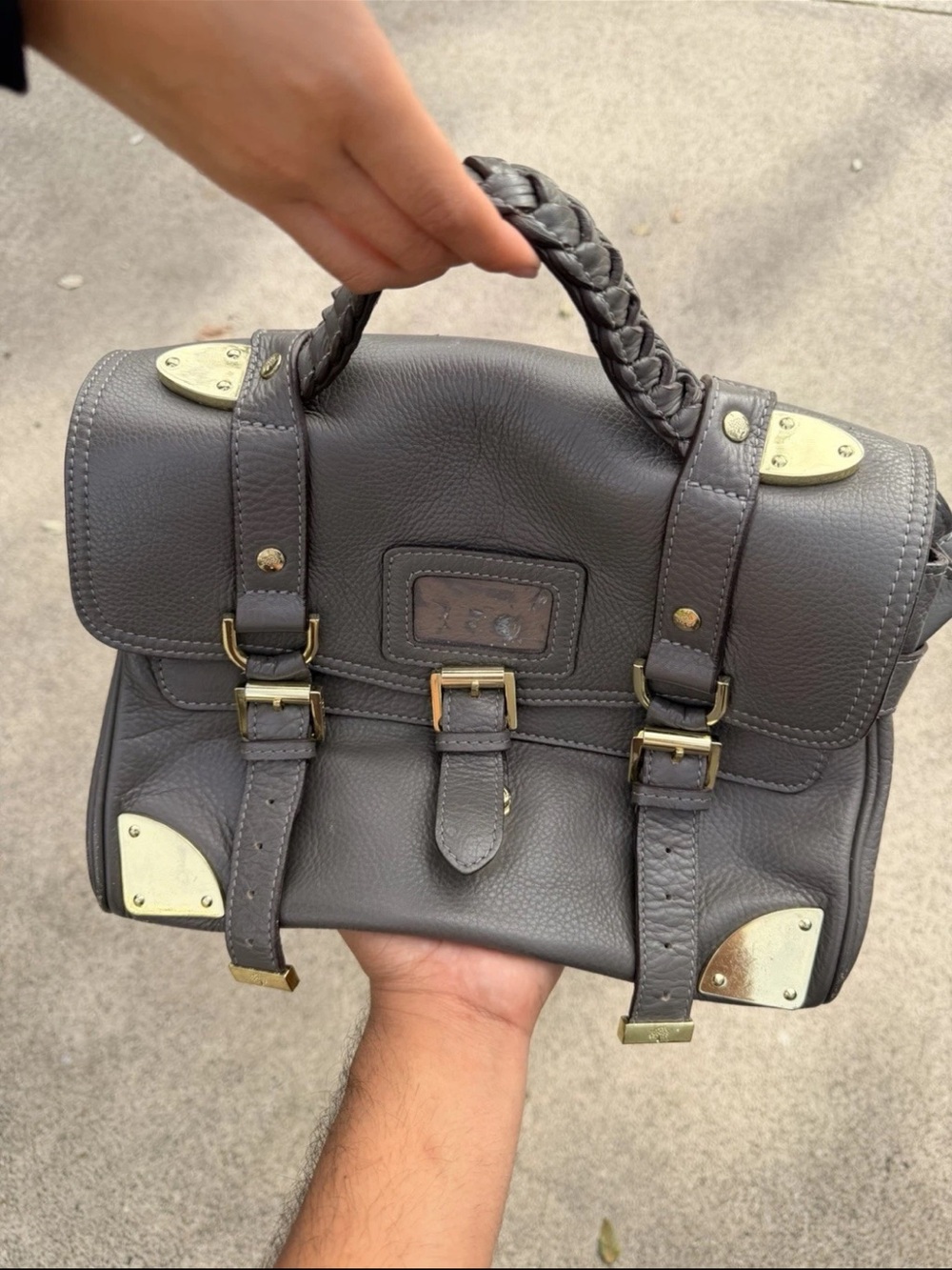 Mulberry Gray Braided-Handle Leather Satchel with Gold Hardware